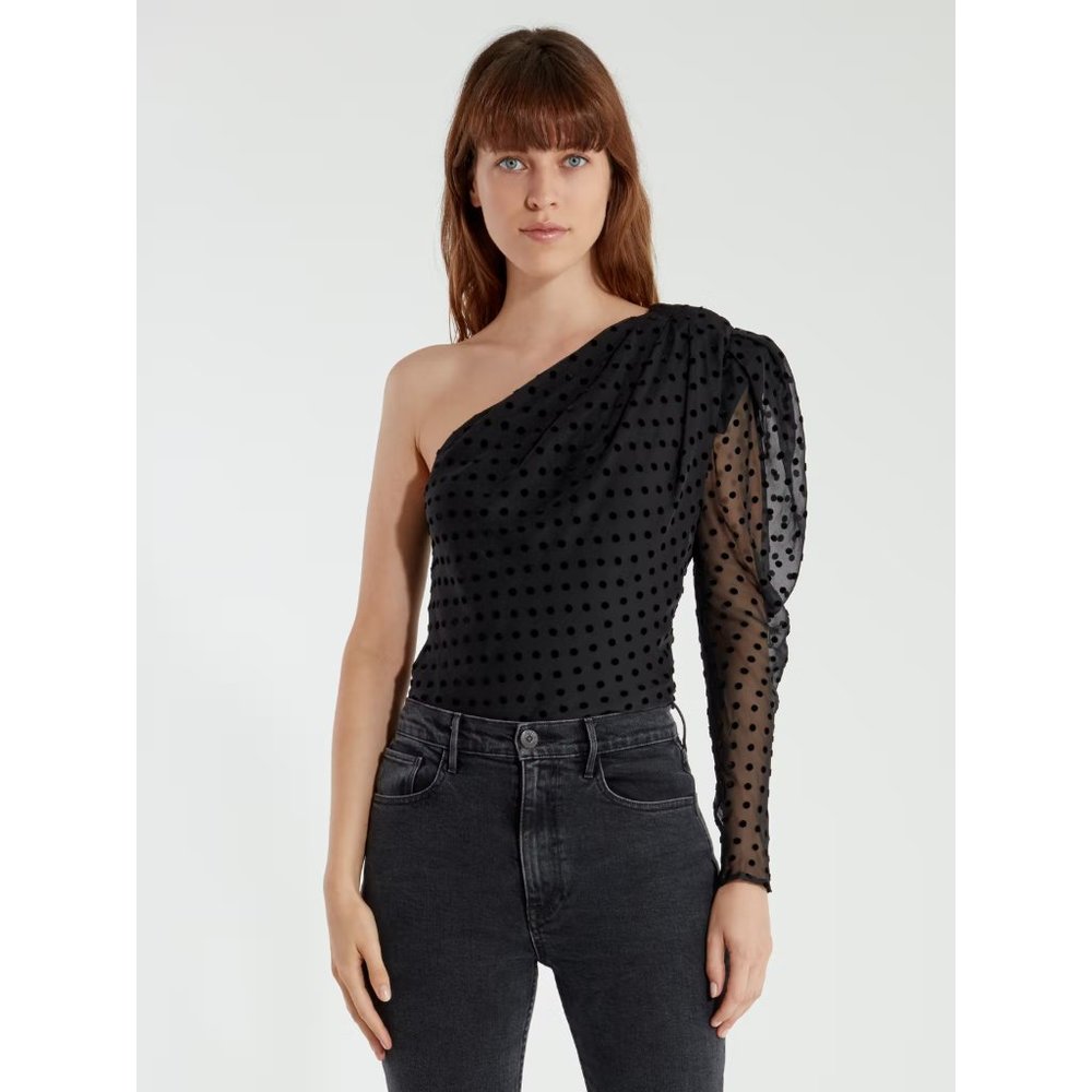 Iro Coatli One Shoulder Puff Sleeve Silk Top Blouse Black Velvet Dot 32 Xxs $590